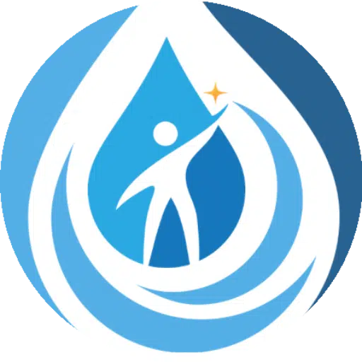 a blue and white logo with a person in the middle